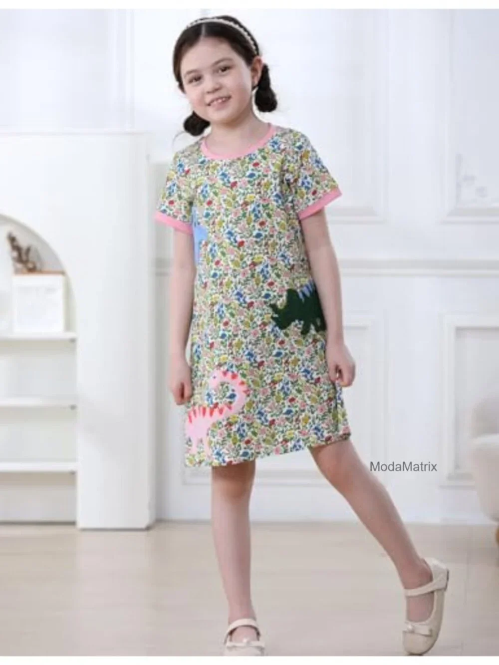 Cotton Girls Casual Sundress A-Line Short Sleeve Dino Embroidery